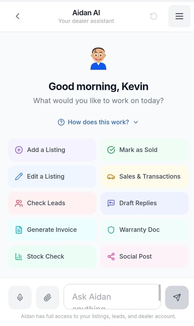 Aidan AI dealer assistant on iPhone